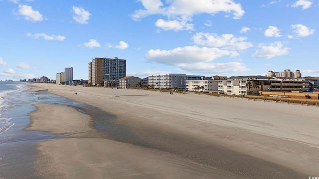 view of water feature with a beach view