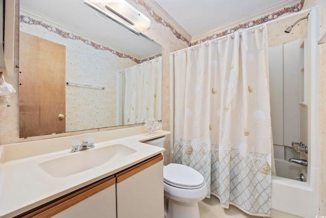 full bathroom with shower / bath combo with shower curtain, vanity, ornamental molding, and toilet