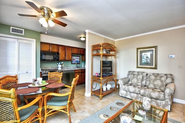 tiled living room with ceiling fan and ornamental molding