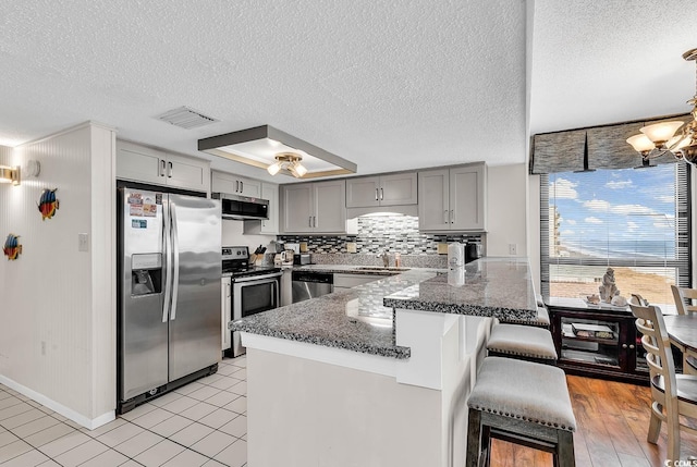 kitchen with decorative backsplash, gray cabinets, appliances with stainless steel finishes, a kitchen bar, and kitchen peninsula