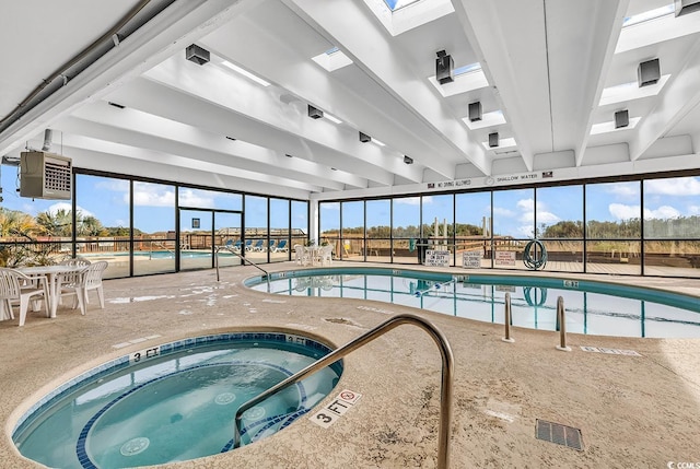 view of swimming pool featuring a skylight