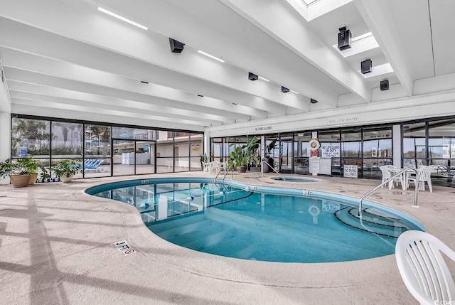 view of pool featuring a skylight