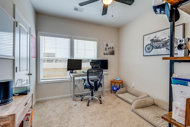 office featuring carpet and ceiling fan