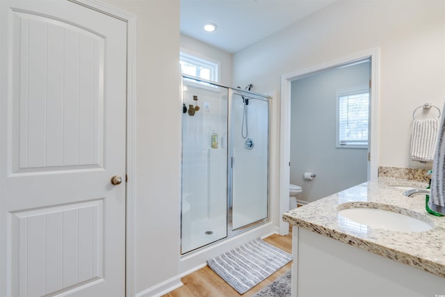 bathroom featuring wood-type flooring, toilet, vanity, and a healthy amount of sunlight