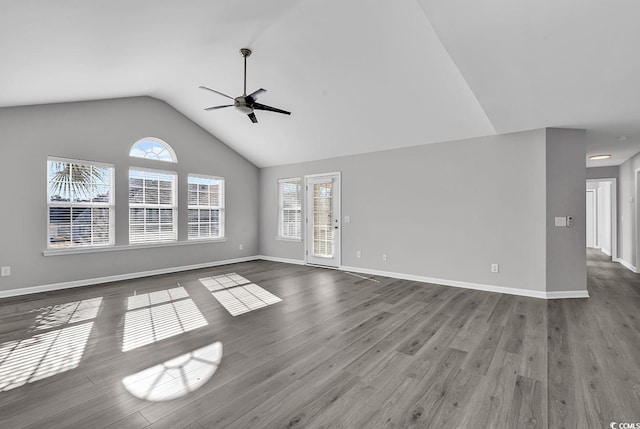 unfurnished living room featuring hardwood / wood-style flooring, ceiling fan, and lofted ceiling