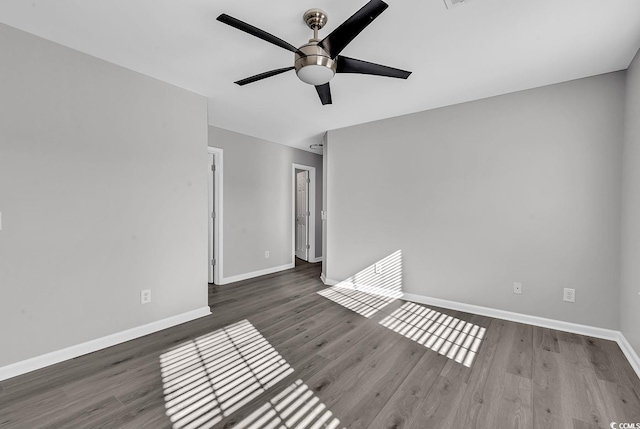 unfurnished room featuring ceiling fan and dark wood-type flooring