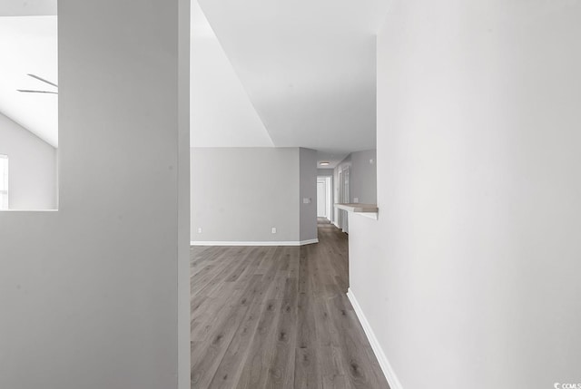 hall featuring hardwood / wood-style flooring and vaulted ceiling