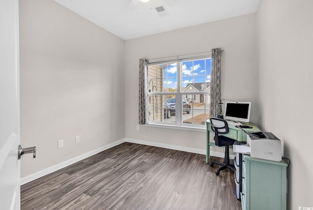 office area featuring hardwood / wood-style flooring and ceiling fan