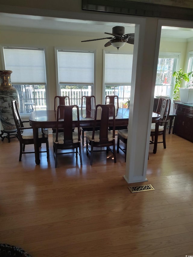 dining space featuring wood finished floors, a ceiling fan, and crown molding