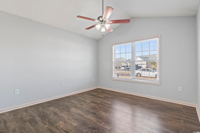 unfurnished room featuring lofted ceiling, ceiling fan, and dark hardwood / wood-style floors