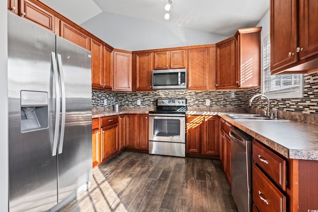 kitchen with sink, appliances with stainless steel finishes, dark hardwood / wood-style floors, and vaulted ceiling