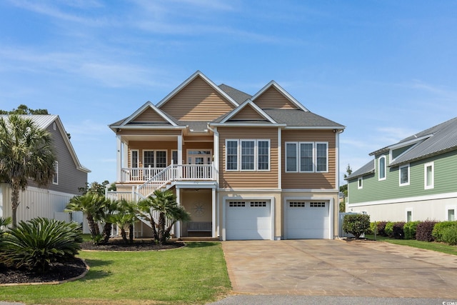 view of front facade with a front lawn, covered porch, and a garage