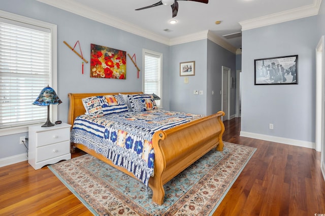 bedroom with crown molding, ceiling fan, and dark hardwood / wood-style flooring