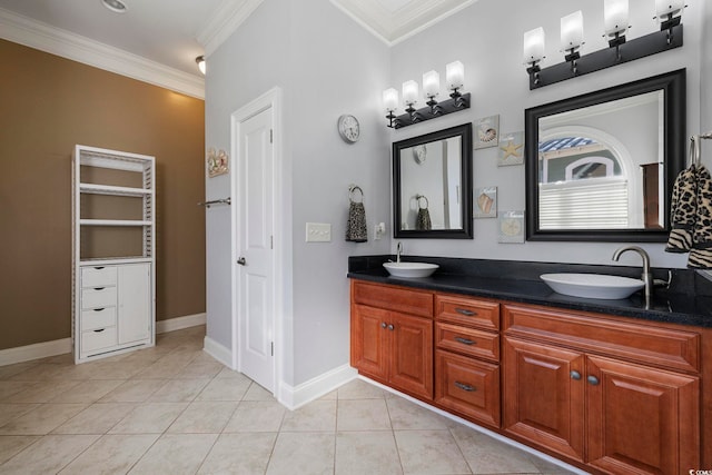 bathroom featuring tile patterned floors, ornamental molding, and vanity