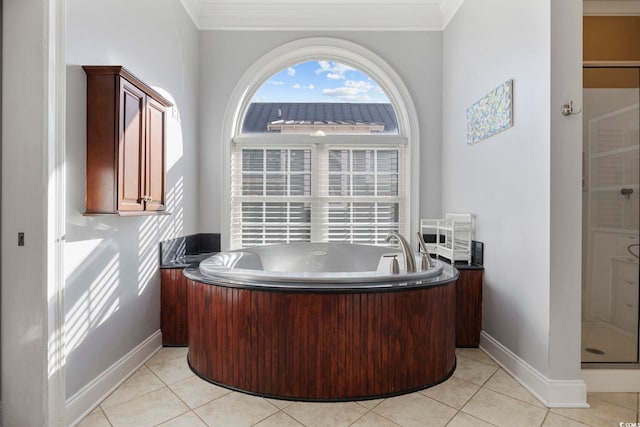 bathroom featuring ornamental molding, plus walk in shower, and tile patterned flooring