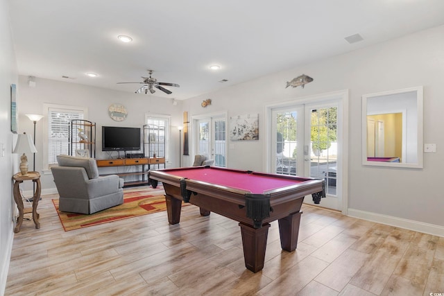 playroom with french doors, billiards, plenty of natural light, and light hardwood / wood-style floors