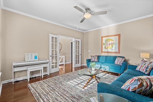 3716 Mackevans Ct, Myrtle Beach, SC 29579 - living room with french doors, ornamental molding, wood finished floors, ceiling fan, and baseboards