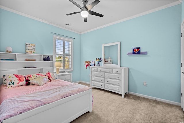 3716 Mackevans Ct, Myrtle Beach, SC 29579 - bedroom with ornamental molding, light colored carpet, baseboards, and ceiling fan