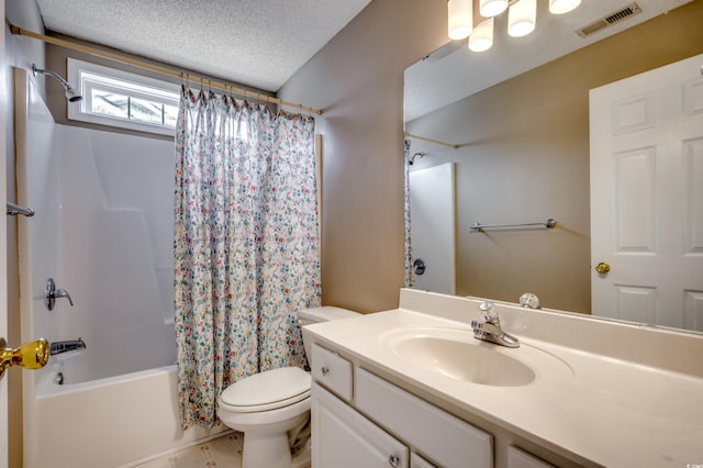 full bathroom with a textured ceiling, vanity, toilet, and shower / bathtub combination with curtain