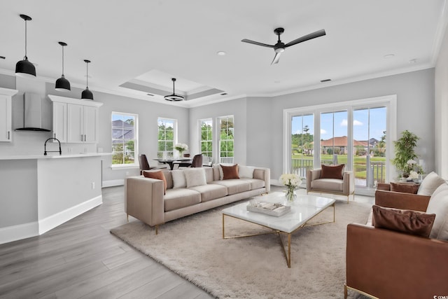 living room featuring a raised ceiling, ceiling fan, sink, hardwood / wood-style flooring, and plenty of natural light