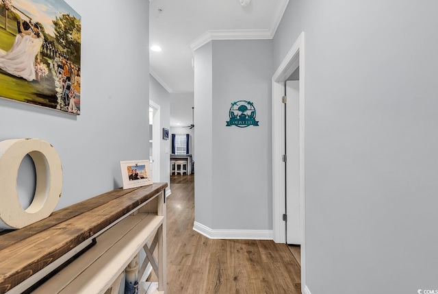 hallway featuring light wood-type flooring and ornamental molding