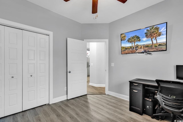 office with ceiling fan and light hardwood / wood-style floors