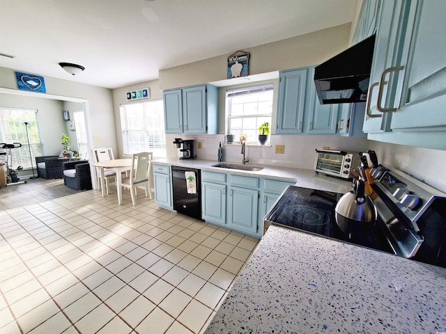 kitchen with extractor fan, black dishwasher, backsplash, electric range, and sink