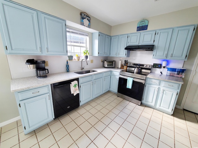 kitchen with dishwasher, sink, blue cabinetry, light tile patterned floors, and stainless steel electric range