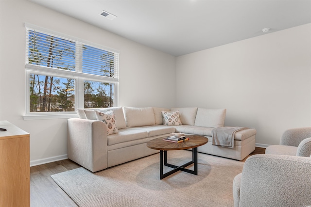 living room featuring light wood-type flooring and plenty of natural light