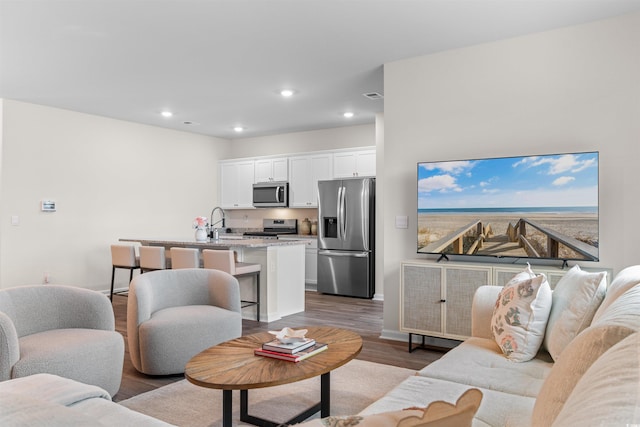 living room with hardwood / wood-style flooring and sink