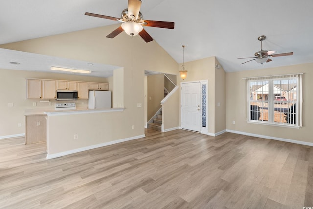 unfurnished living room with high vaulted ceiling, ceiling fan, and light hardwood / wood-style flooring