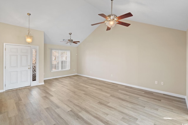 entryway featuring high vaulted ceiling, light wood-type flooring, and ceiling fan