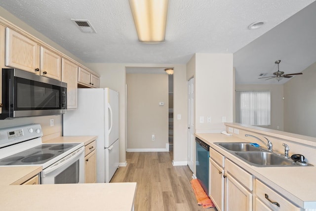 kitchen featuring white electric range, a textured ceiling, ceiling fan, sink, and black dishwasher