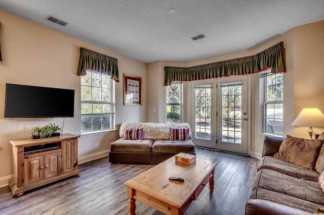 living room with hardwood / wood-style flooring and a textured ceiling