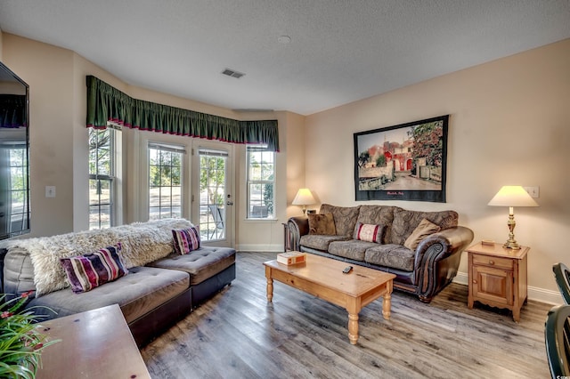 living room with hardwood / wood-style floors and a textured ceiling