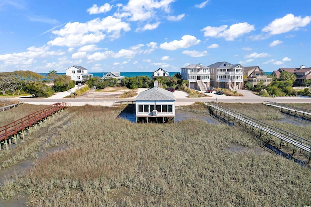 aerial view featuring a water view