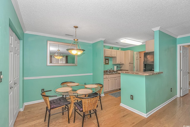 kitchen with black refrigerator, sink, light wood-type flooring, and pendant lighting