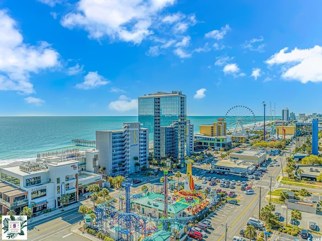 drone / aerial view with a water view