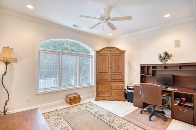 office space featuring ceiling fan and ornamental molding