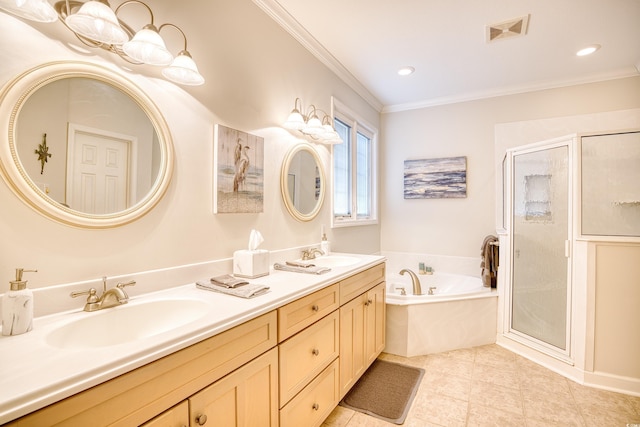 bathroom featuring tile patterned flooring, vanity, crown molding, and plus walk in shower