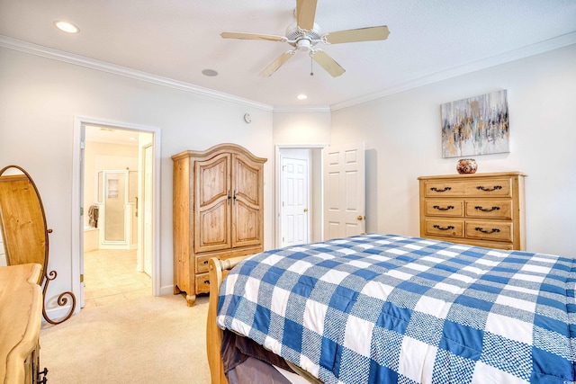 bedroom featuring ensuite bath, ceiling fan, light carpet, and ornamental molding