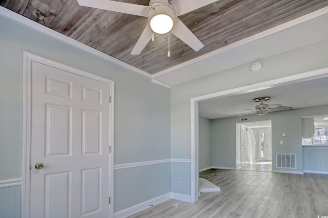 unfurnished room with ceiling fan, light hardwood / wood-style floors, and wooden ceiling