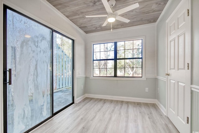 spare room with ceiling fan, wood ceiling, light hardwood / wood-style flooring, and crown molding