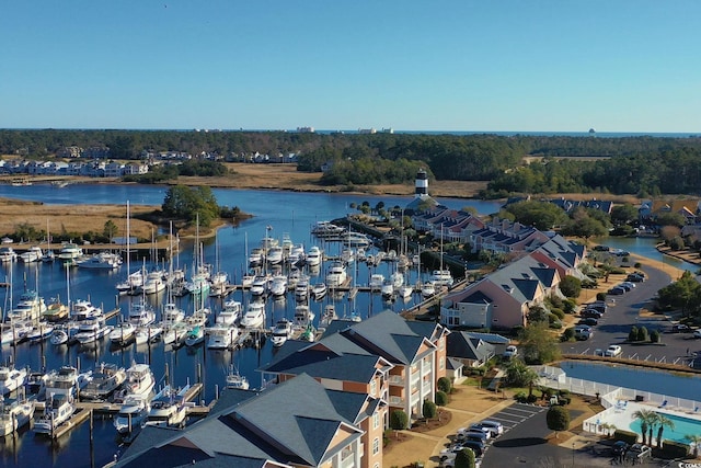 aerial view featuring a water view