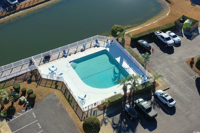 aerial view featuring a water view