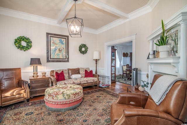 living room with an inviting chandelier, crown molding, beam ceiling, and hardwood / wood-style floors