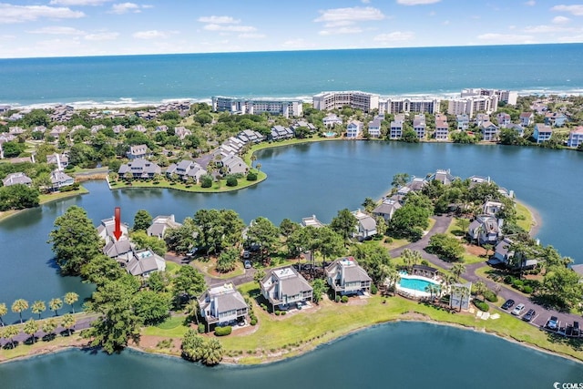 drone / aerial view featuring a water view