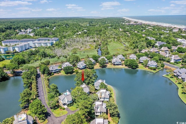 drone / aerial view featuring a water view