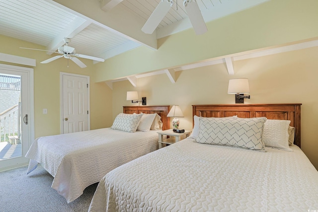 carpeted bedroom featuring access to exterior, ceiling fan, and beamed ceiling