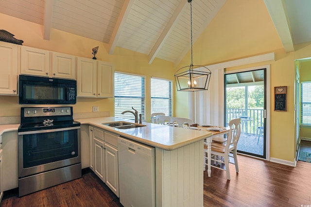 kitchen with dishwasher, stainless steel range with electric cooktop, white cabinets, sink, and kitchen peninsula